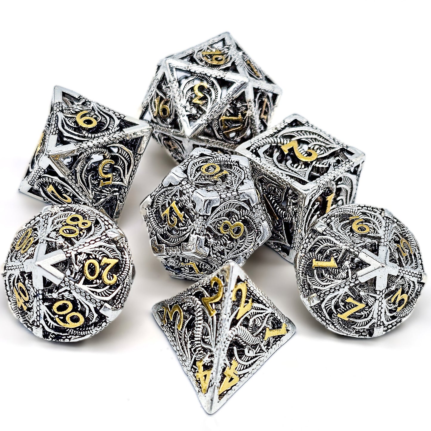 Hollow Metal Silver & Gold Dragon DND Dice Set