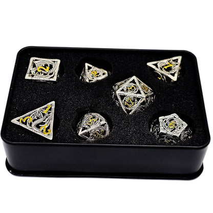 Hollow Metal Silver & Gold Dragon DND Dice Set