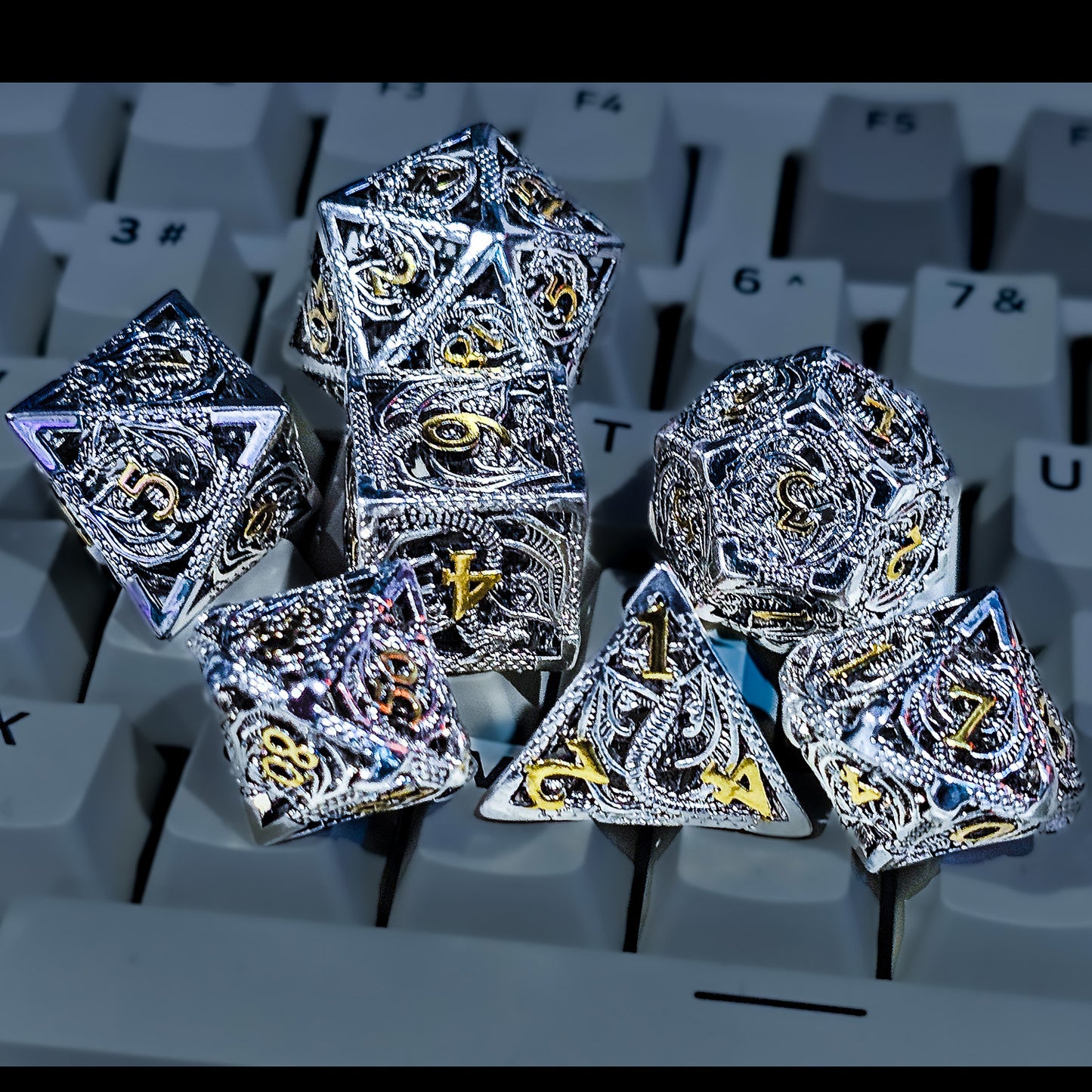 Hollow Metal Silver & Gold Dragon DND Dice Set