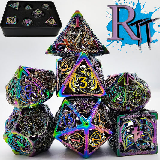 Hollow Metal Rainbow Dragon DND Dice Set