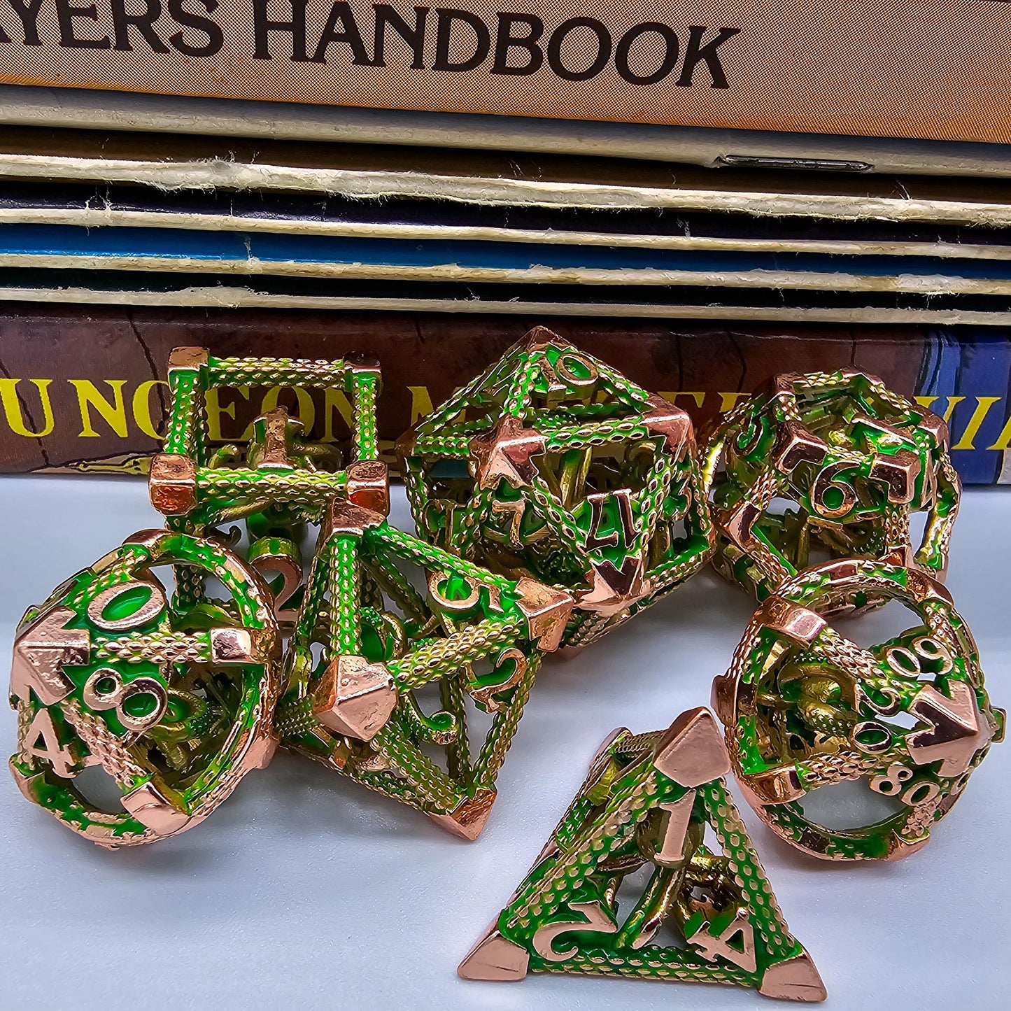 Green & Rose Gold Hollow Metal Cthulhu Dice