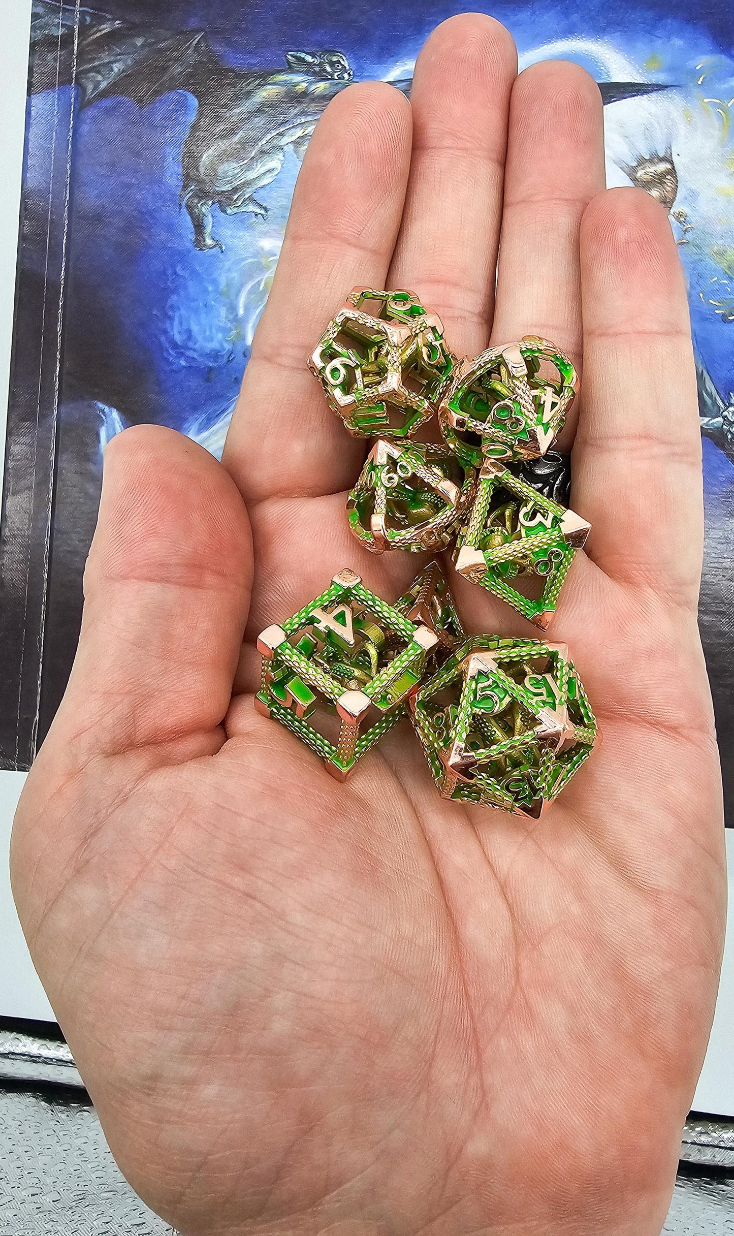 Green & Rose Gold Hollow Metal Cthulhu Dice