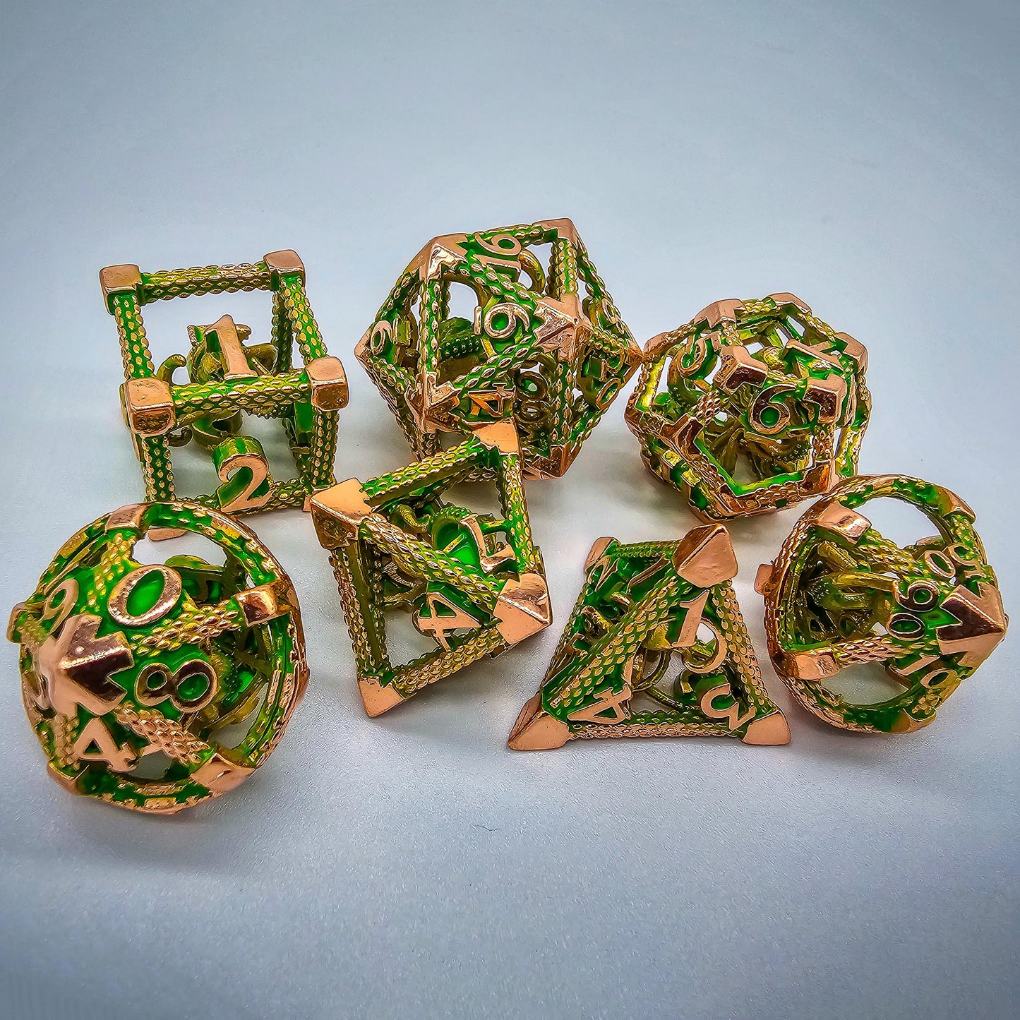 Green & Rose Gold Hollow Metal Cthulhu Dice