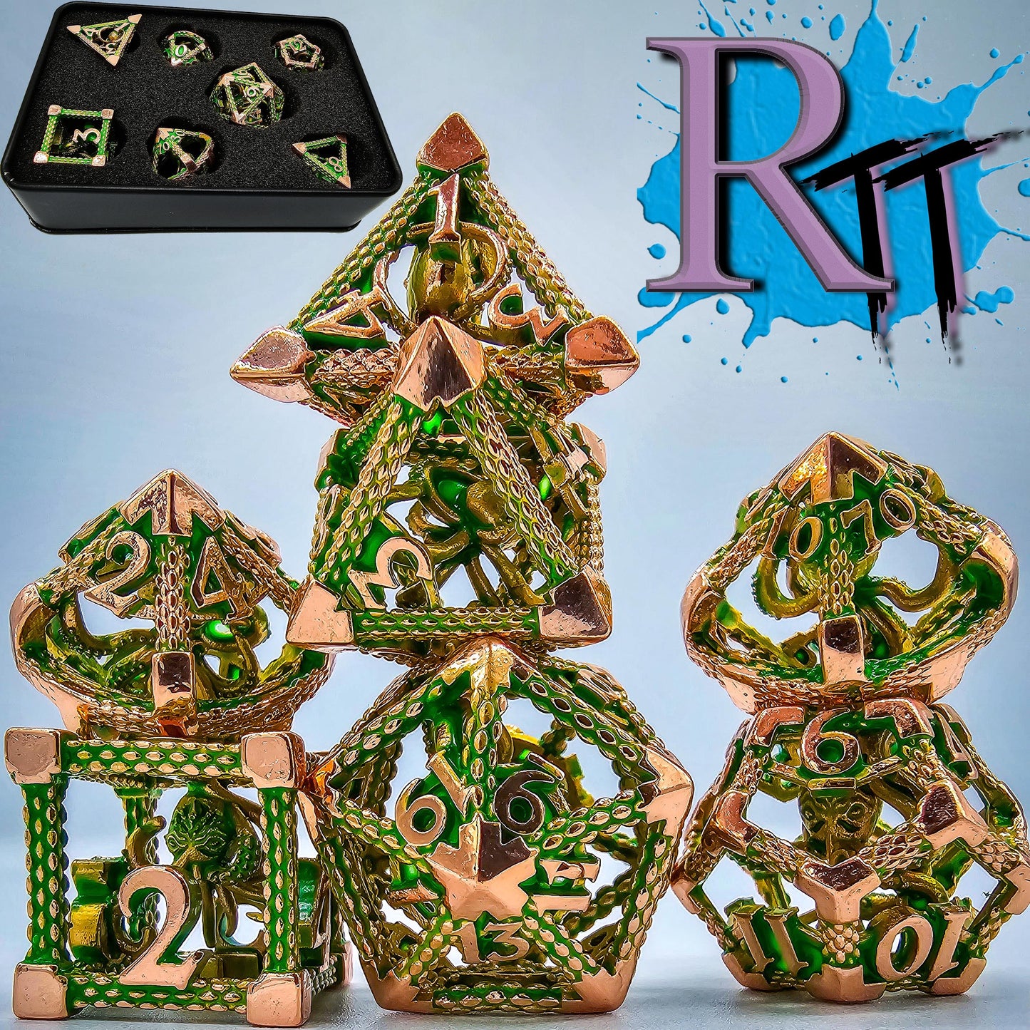 Green & Rose Gold Hollow Metal Cthulhu Dice