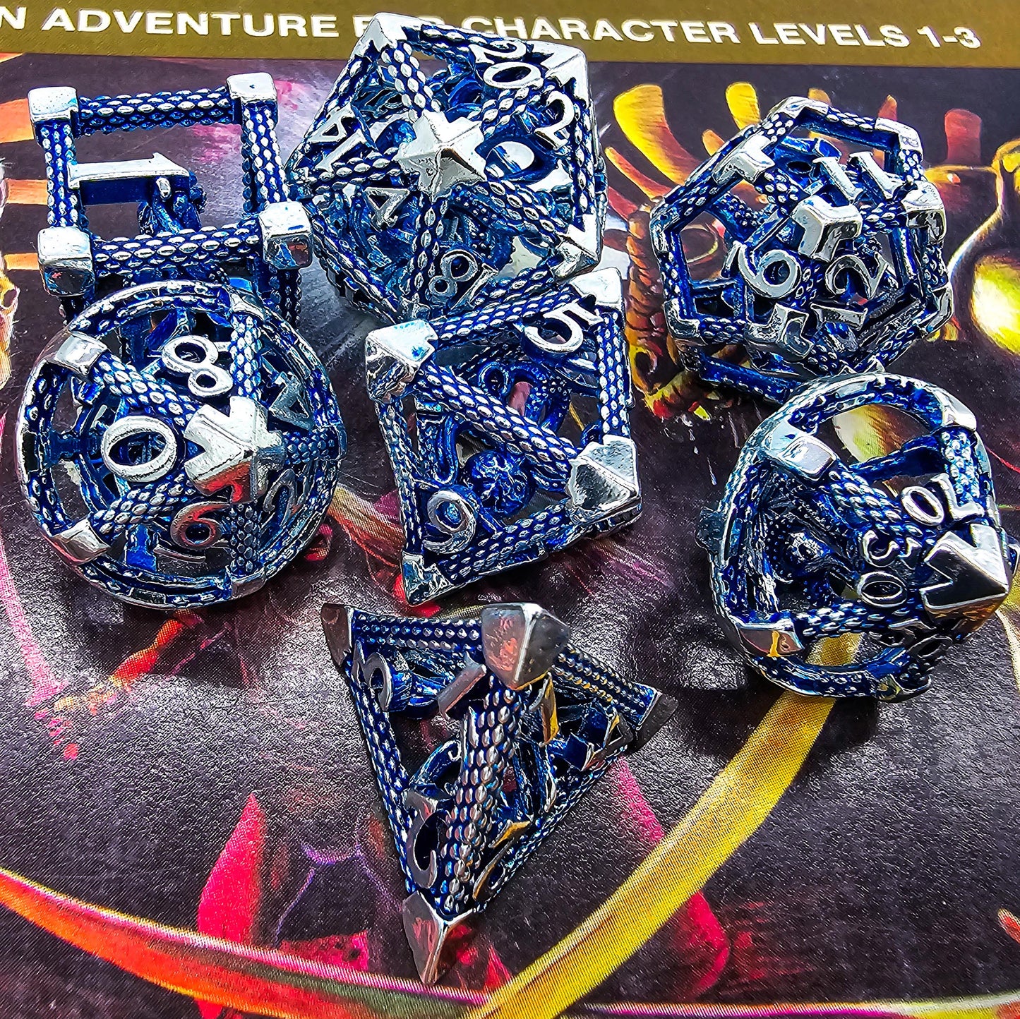 Blue & Silver Hollow Metal Cthulhu Dice