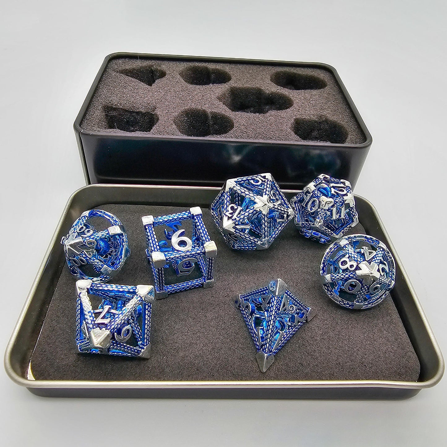 Blue & Silver Hollow Metal Cthulhu Dice