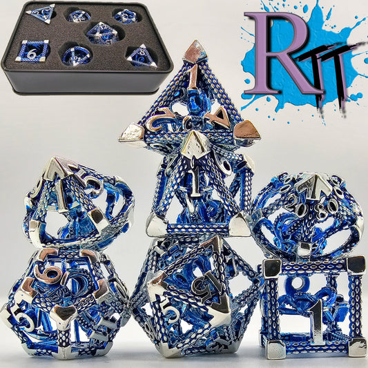 Blue & Silver Hollow Metal Cthulhu Dice