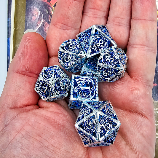 Hollow Metal Blue & Silver Dragon DND Dice Set