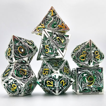 Hollow Metal Green Silver & Gold Dragon DND Dice Set