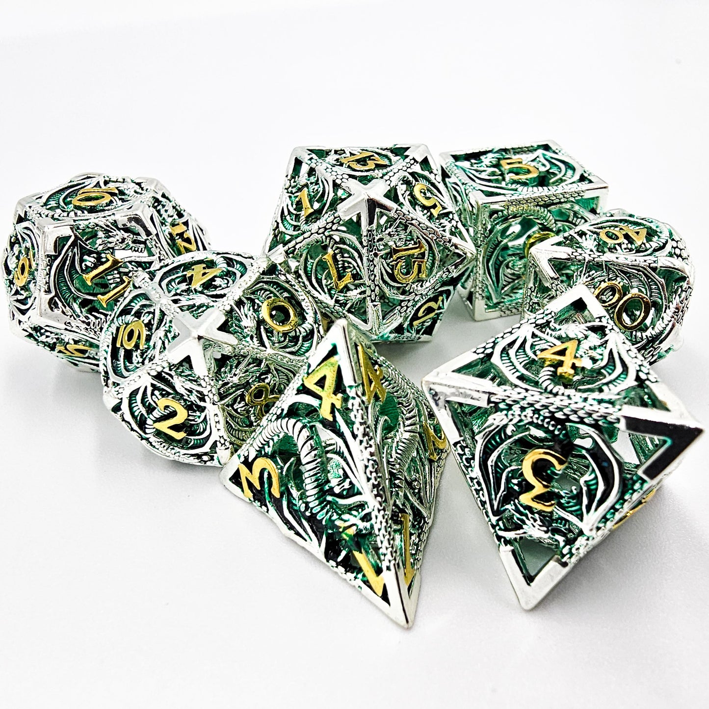 Hollow Metal Green Silver & Gold Dragon DND Dice Set