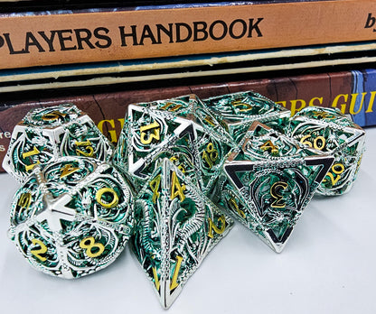 Hollow Metal Green Silver & Gold Dragon DND Dice Set