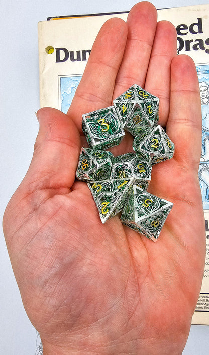 Hollow Metal Green Silver & Gold Dragon DND Dice Set