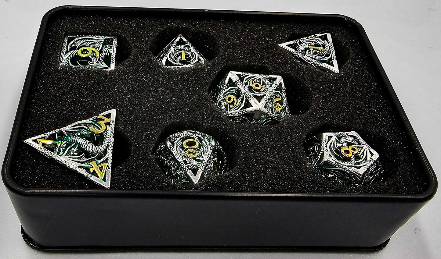 Hollow Metal Green Silver & Gold Dragon DND Dice Set