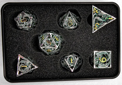 Hollow Metal Green Silver & Gold Dragon DND Dice Set