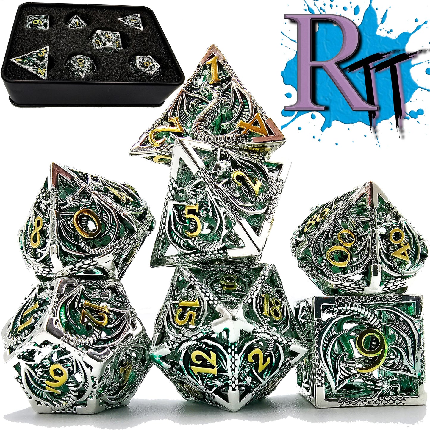 Hollow Metal Green Silver & Gold Dragon DND Dice Set