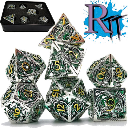 Hollow Metal Green Silver & Gold Dragon DND Dice Set