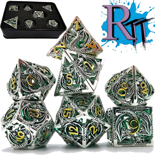 Green, Silver & Gold Hollow Metal Dragon Dice