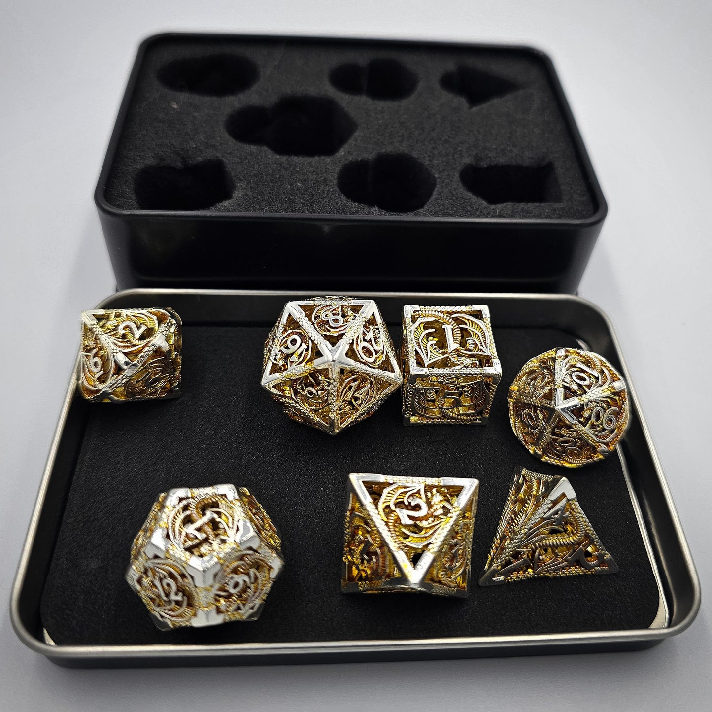 Hollow Metal Orange & Silver Dragon DND Dice Set