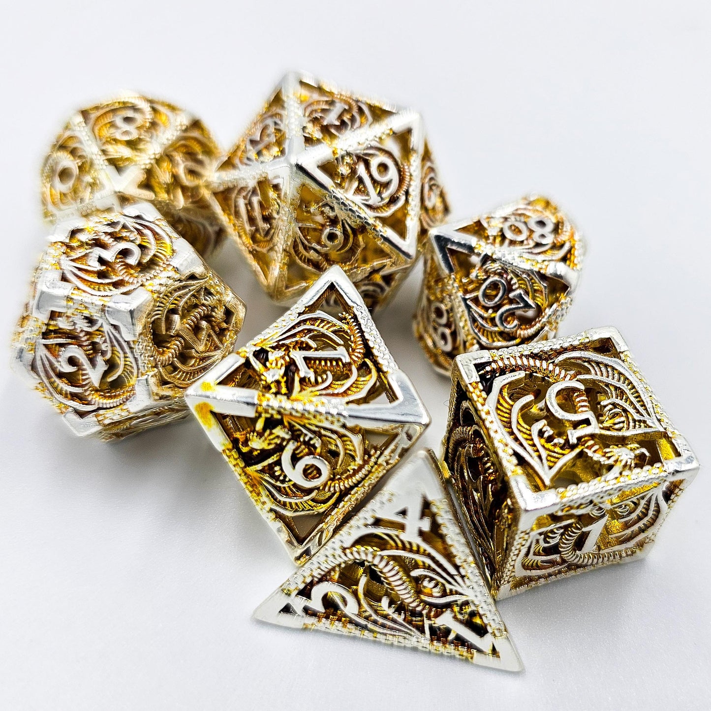 Hollow Metal Orange & Silver Dragon DND Dice Set