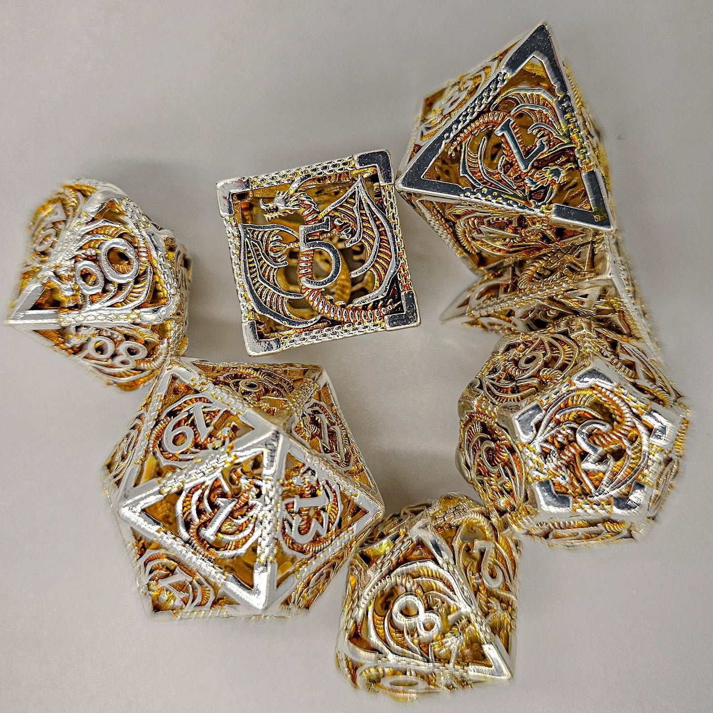 Hollow Metal Orange & Silver Dragon DND Dice Set