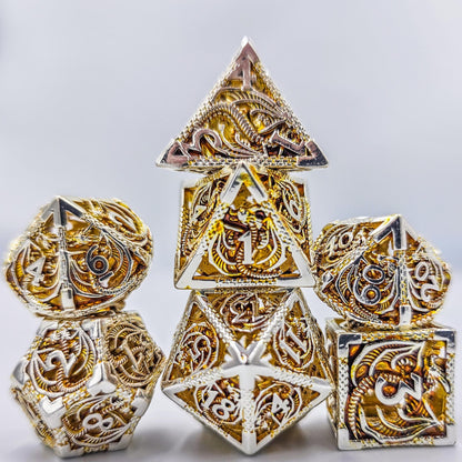 Hollow Metal Orange & Silver Dragon DND Dice Set