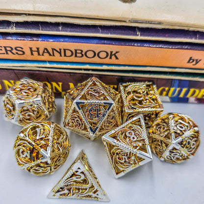 Hollow Metal Orange & Silver Dragon DND Dice Set