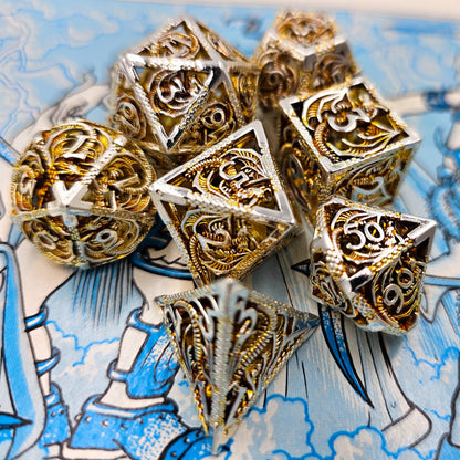 Hollow Metal Orange & Silver Dragon DND Dice Set