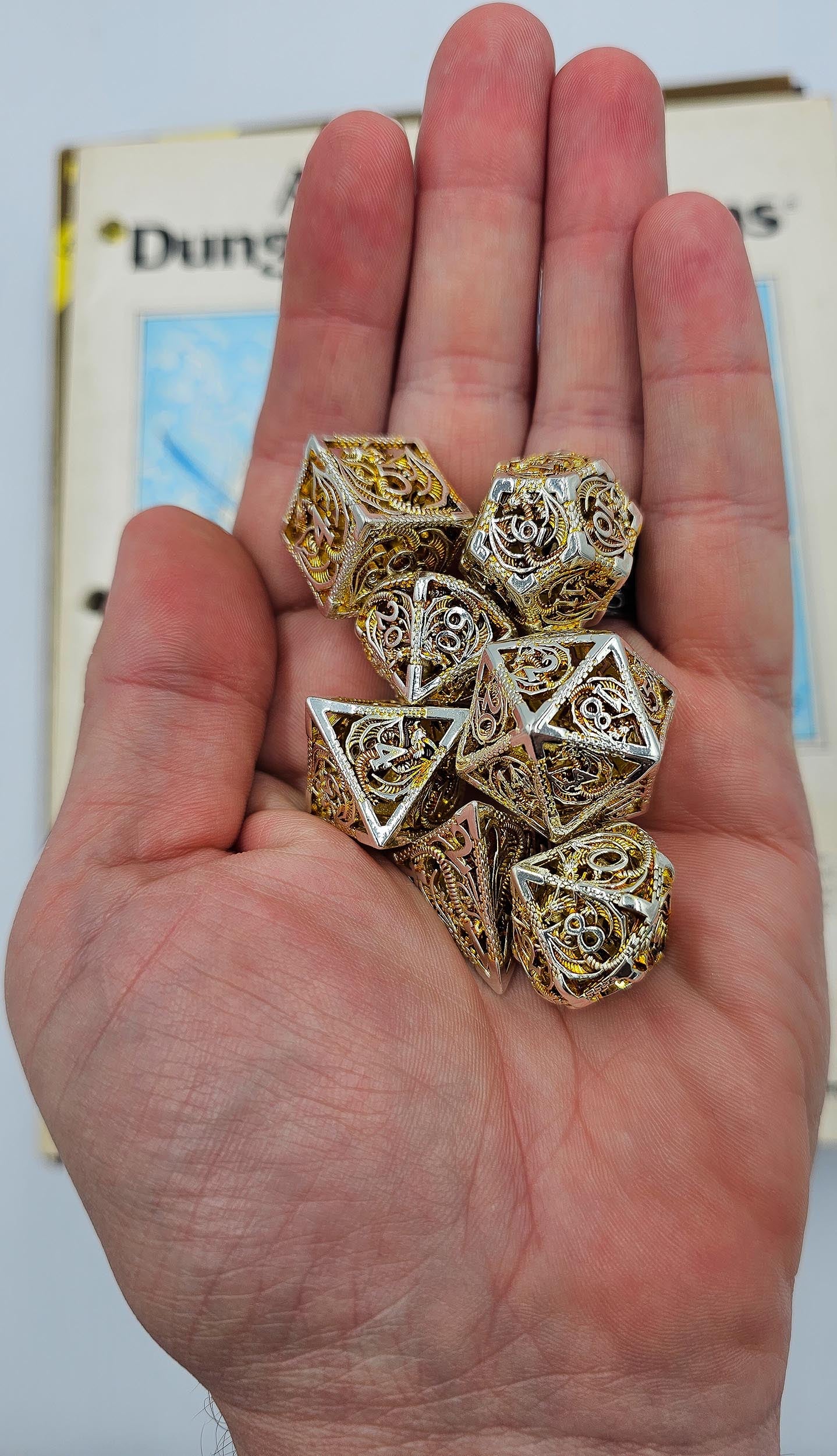 Hollow Metal Orange & Silver Dragon DND Dice Set