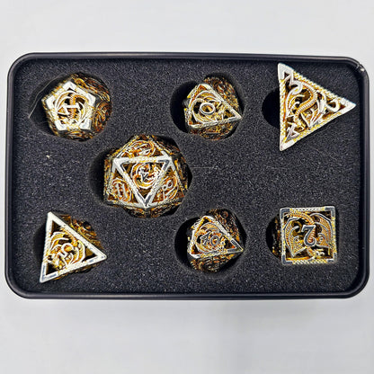 Hollow Metal Orange & Silver Dragon DND Dice Set