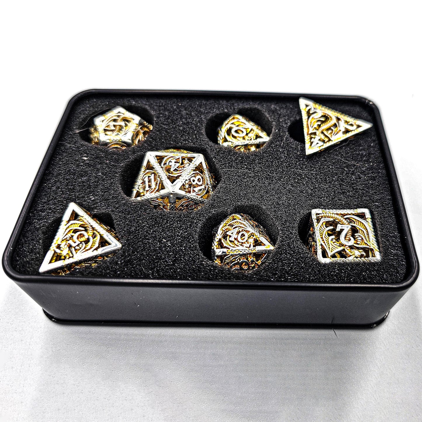 Hollow Metal Orange & Silver Dragon DND Dice Set