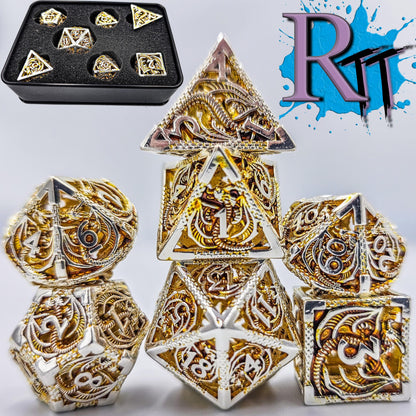 Hollow Metal Orange & Silver Dragon DND Dice Set