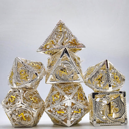 Hollow Metal White & Gold Dragon DND Dice Set