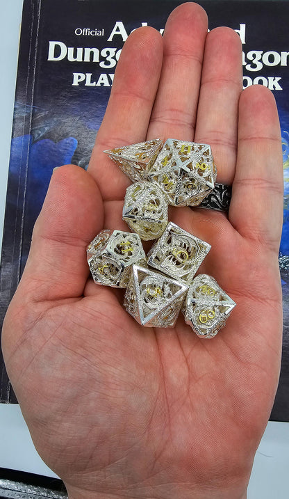 Hollow Metal White & Gold Dragon DND Dice Set