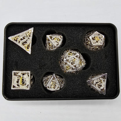 Hollow Metal White & Gold Dragon DND Dice Set