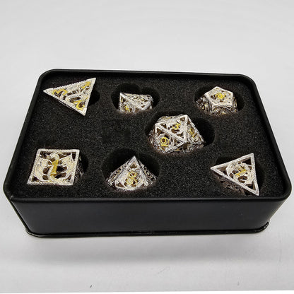 Hollow Metal White & Gold Dragon DND Dice Set