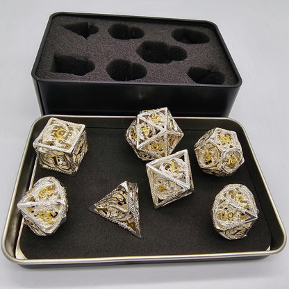 Hollow Metal White & Gold Dragon DND Dice Set