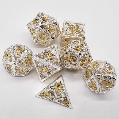 Hollow Metal White & Gold Dragon DND Dice Set