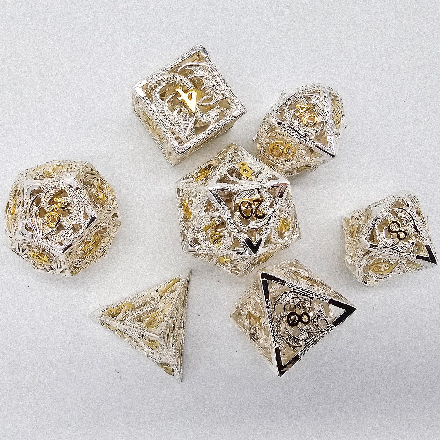 Hollow Metal White & Gold Dragon DND Dice Set