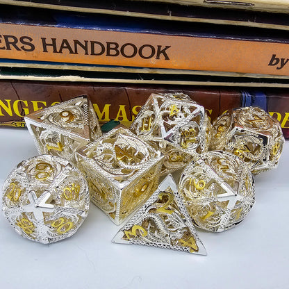 Hollow Metal White & Gold Dragon DND Dice Set