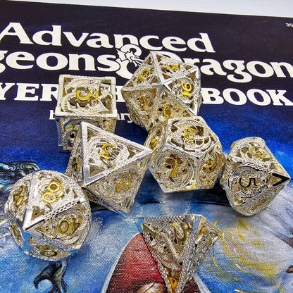 Hollow Metal White & Gold Dragon DND Dice Set