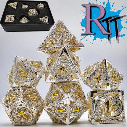 Hollow Metal White & Gold Dragon DND Dice Set