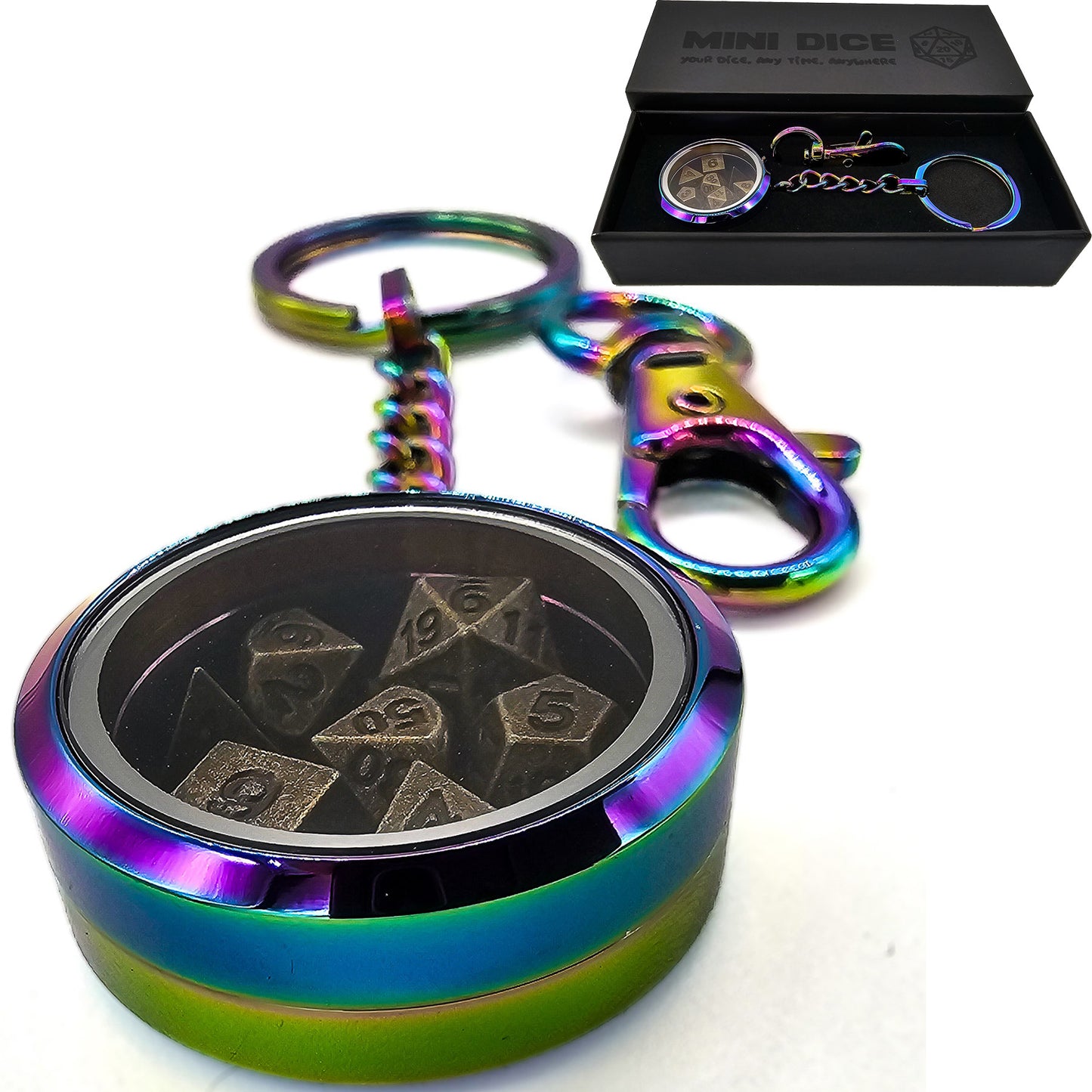 Iridescent Metal Keychain Mini DND Dice Container