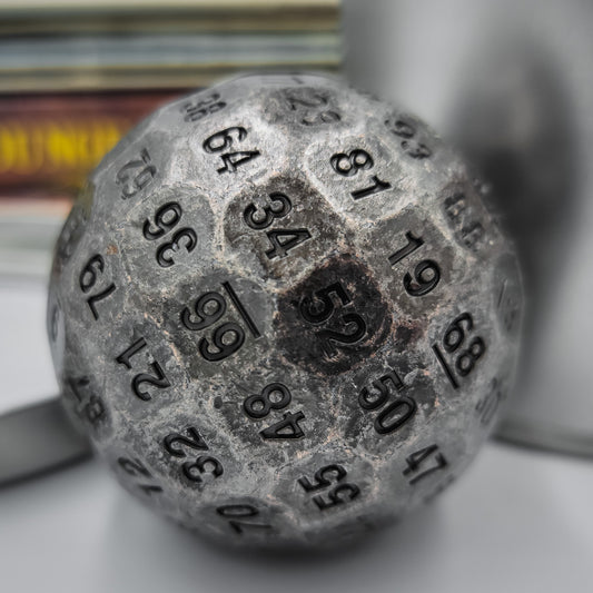 Metal Silver D100 DND Dice close up shot.