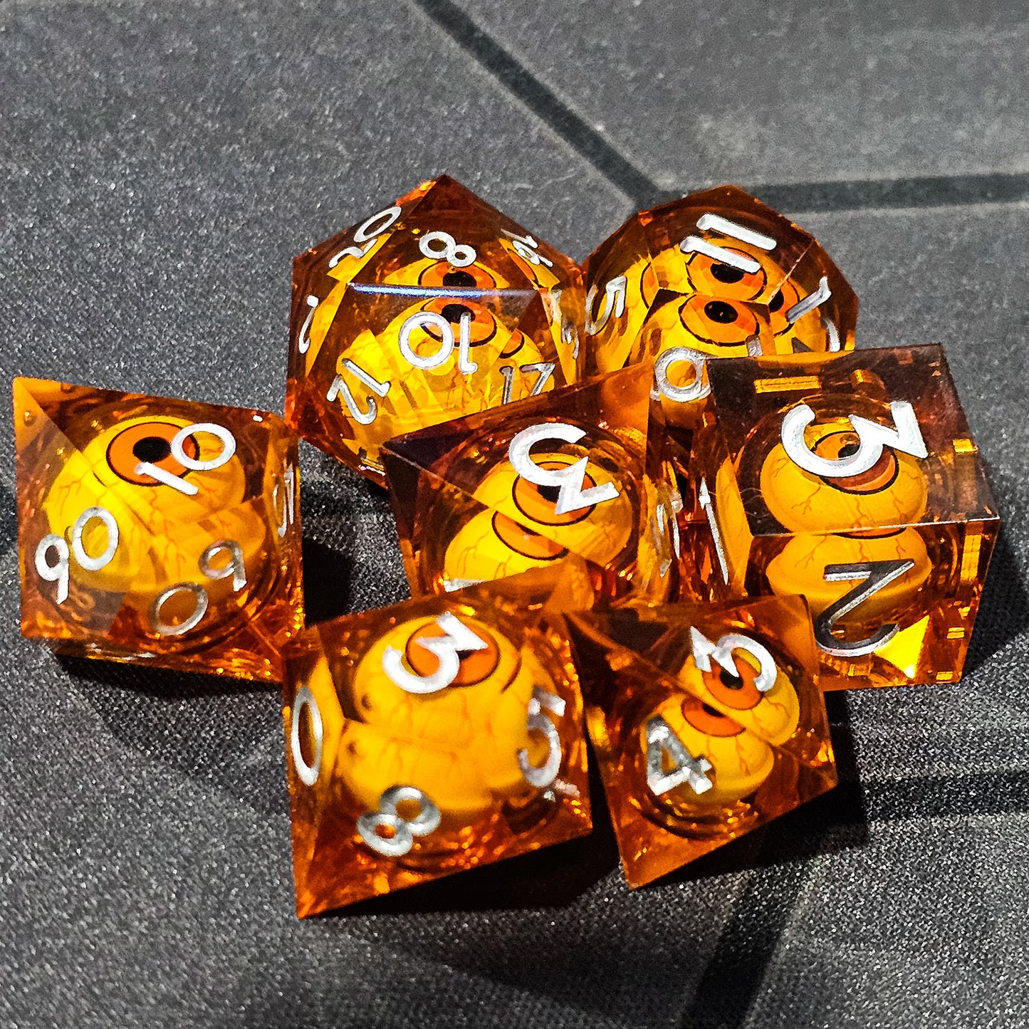 Orange Evil Eye Resin Liquid Core DND Dice Set