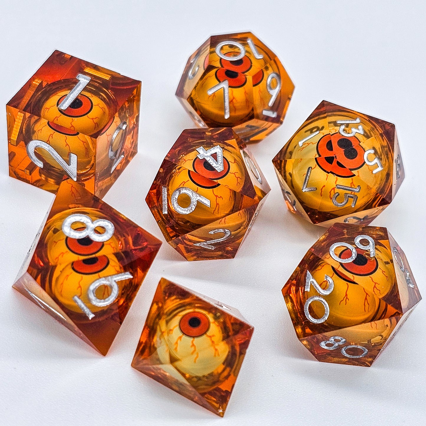 Orange Evil Eye Resin Liquid Core DND Dice Set