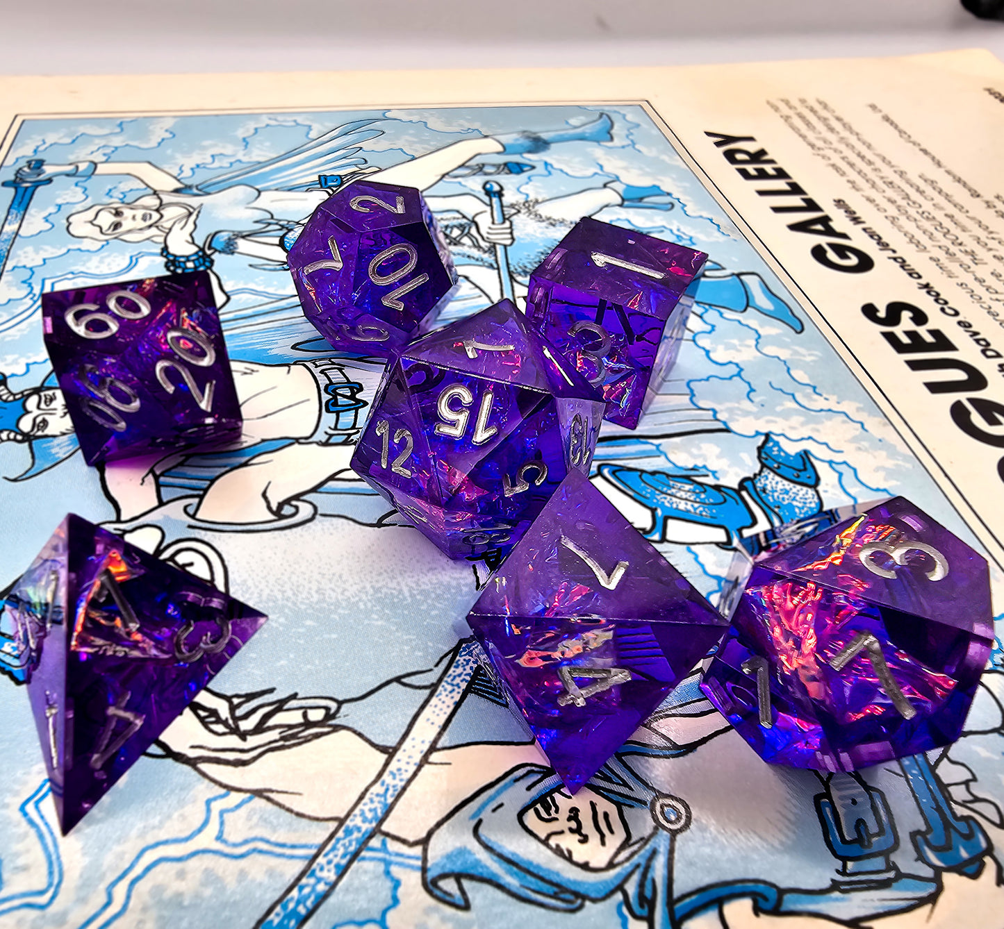 7pc Purple Transparent Resin Sharp Edge DND Dice Set