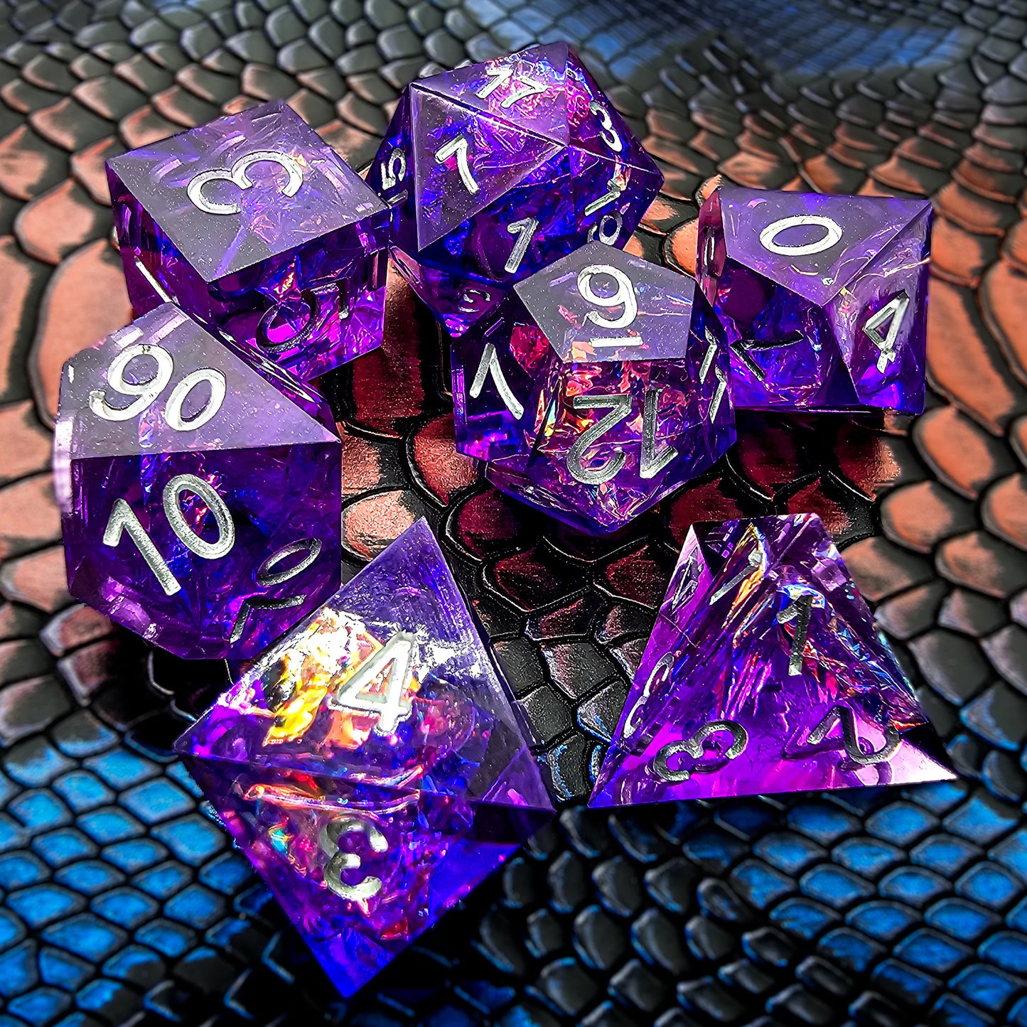 7pc Purple Transparent Resin Sharp Edge DND Dice Set