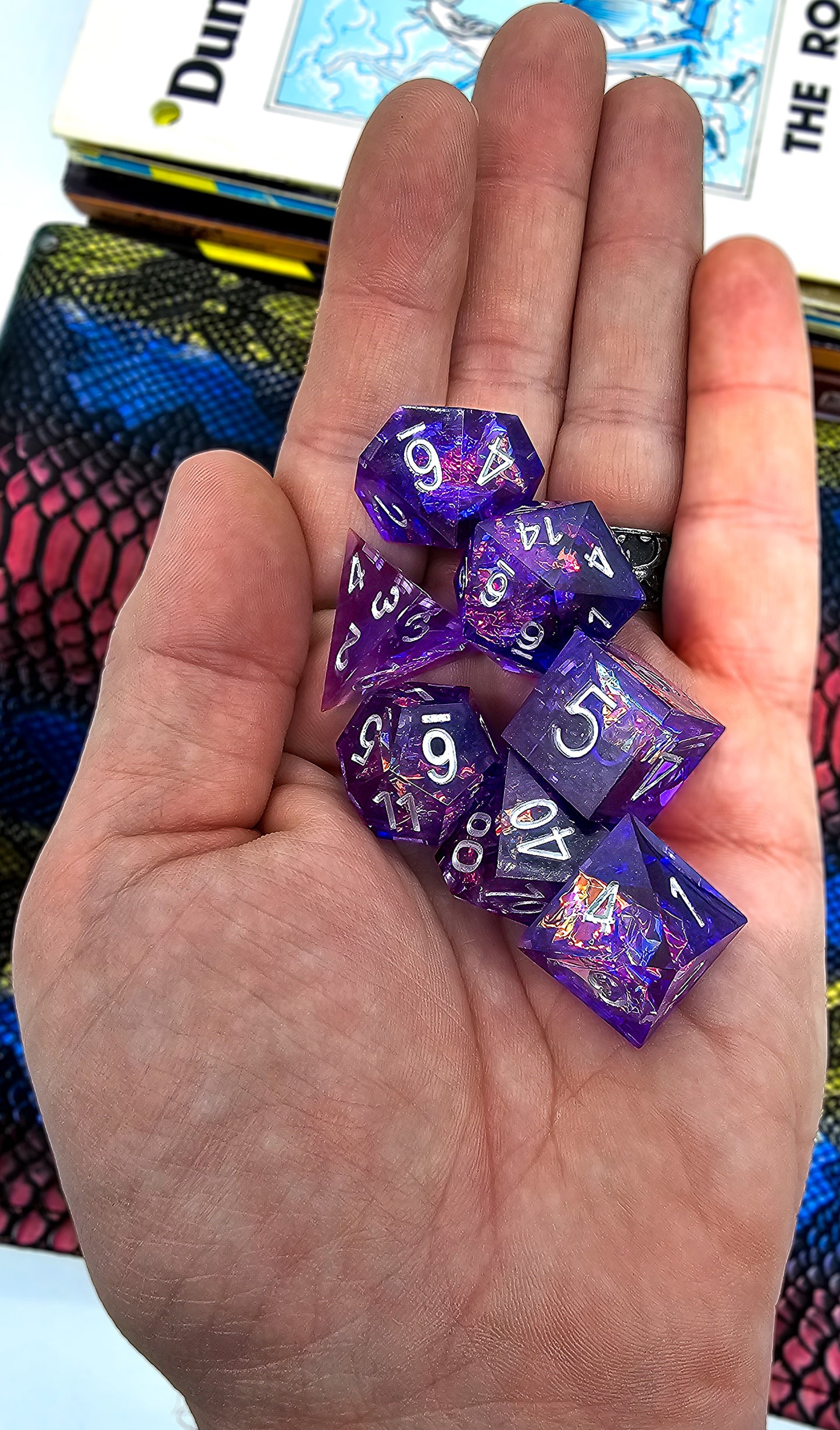 7pc Purple Transparent Resin Sharp Edge DND Dice Set