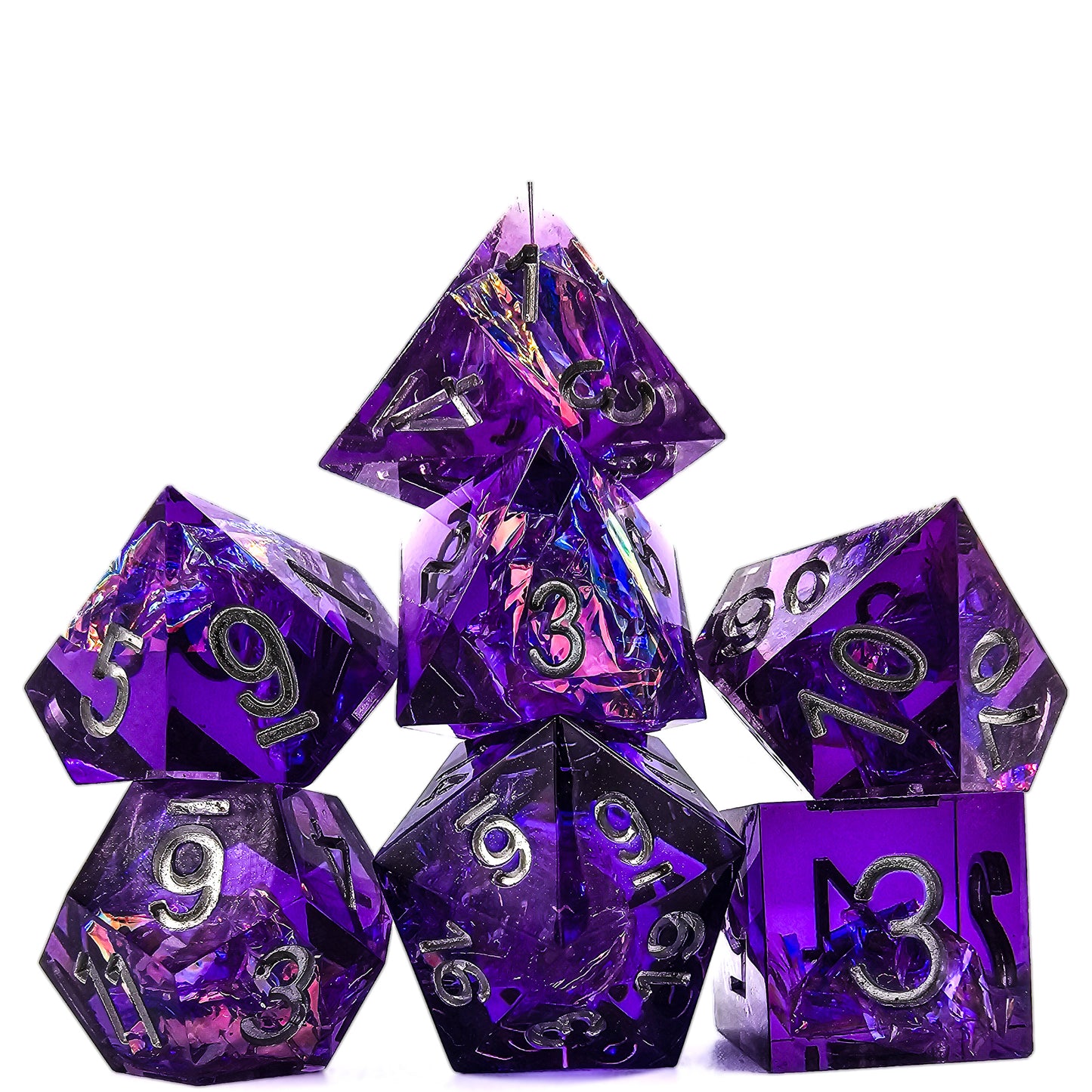 7pc Purple Transparent Resin Sharp Edge DND Dice Set