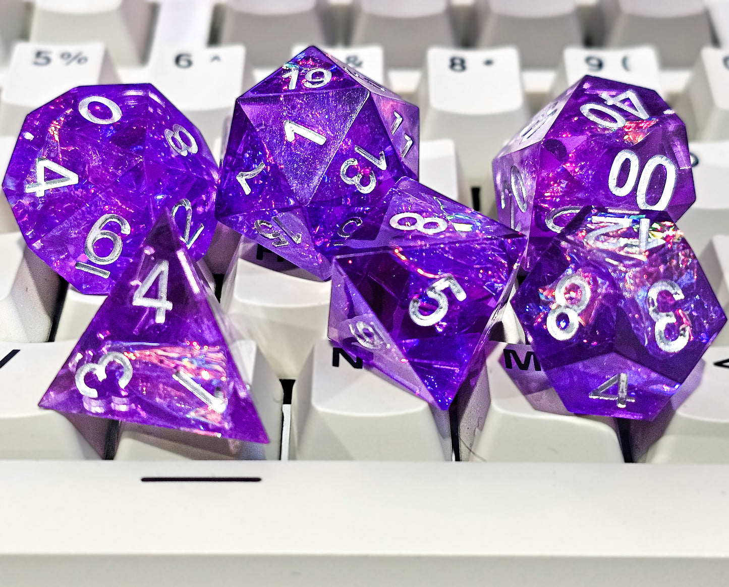 7pc Purple Transparent Resin Sharp Edge DND Dice Set